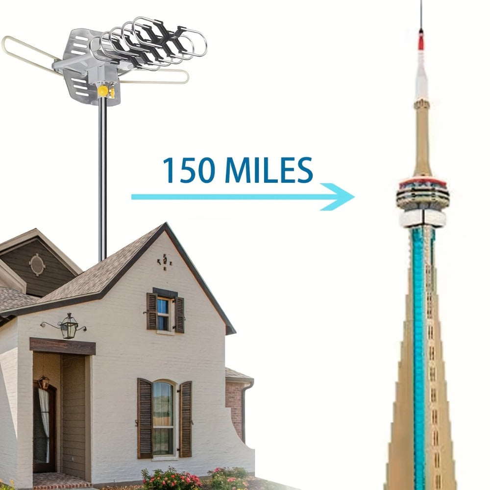 Amplified Outdoor TV Antenna 150 Mile Range, Motorized 360° Rotation, UHF VHF 4K 1080P, Wireless Remote