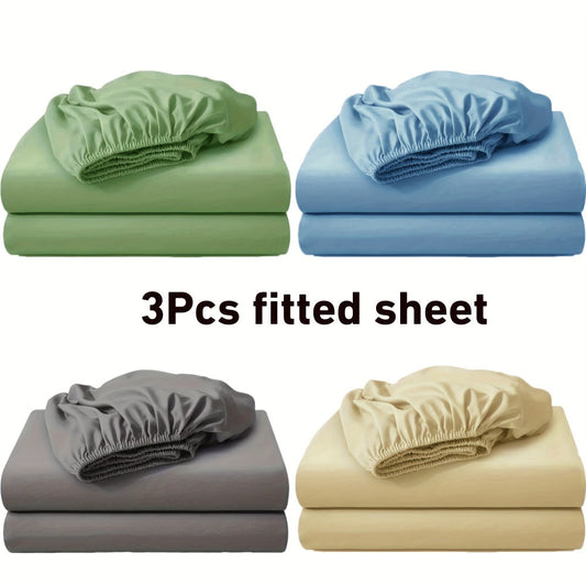 Three-Piece Solid-Color Fitted Sheet Set with Two Pillowcases, Nine Colors and Four Bed Sizes