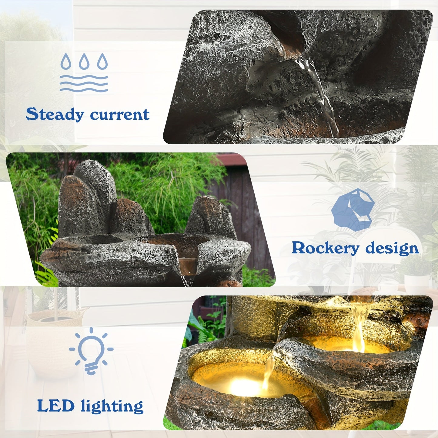 Outdoor Water Fountain 6-Tier Cascading Garden Fountain with LED Lights, Pump & Rocky Peak Decor