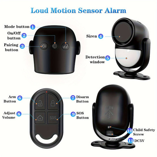 125dB Wireless Motion Sensor Alarm with Siren Light & Remote Control, Indoor Infrared Security Motion Detector for Home