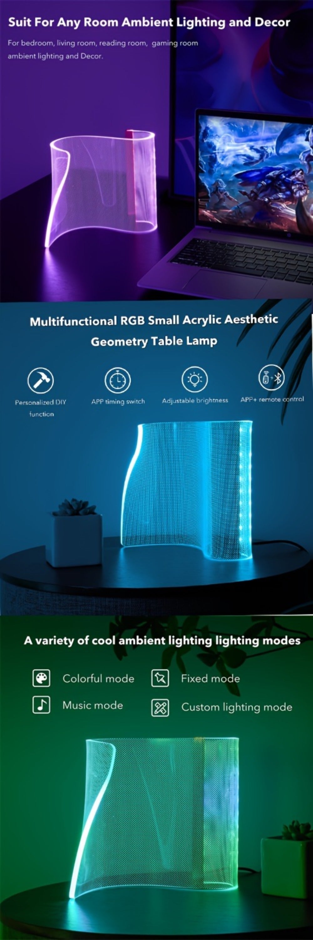 RGB LED Table Lamp Smart APP Remote Control - Dimmable Geometric Metal Desk Lamp USB Powered for Home, Desk and Accent Lighting