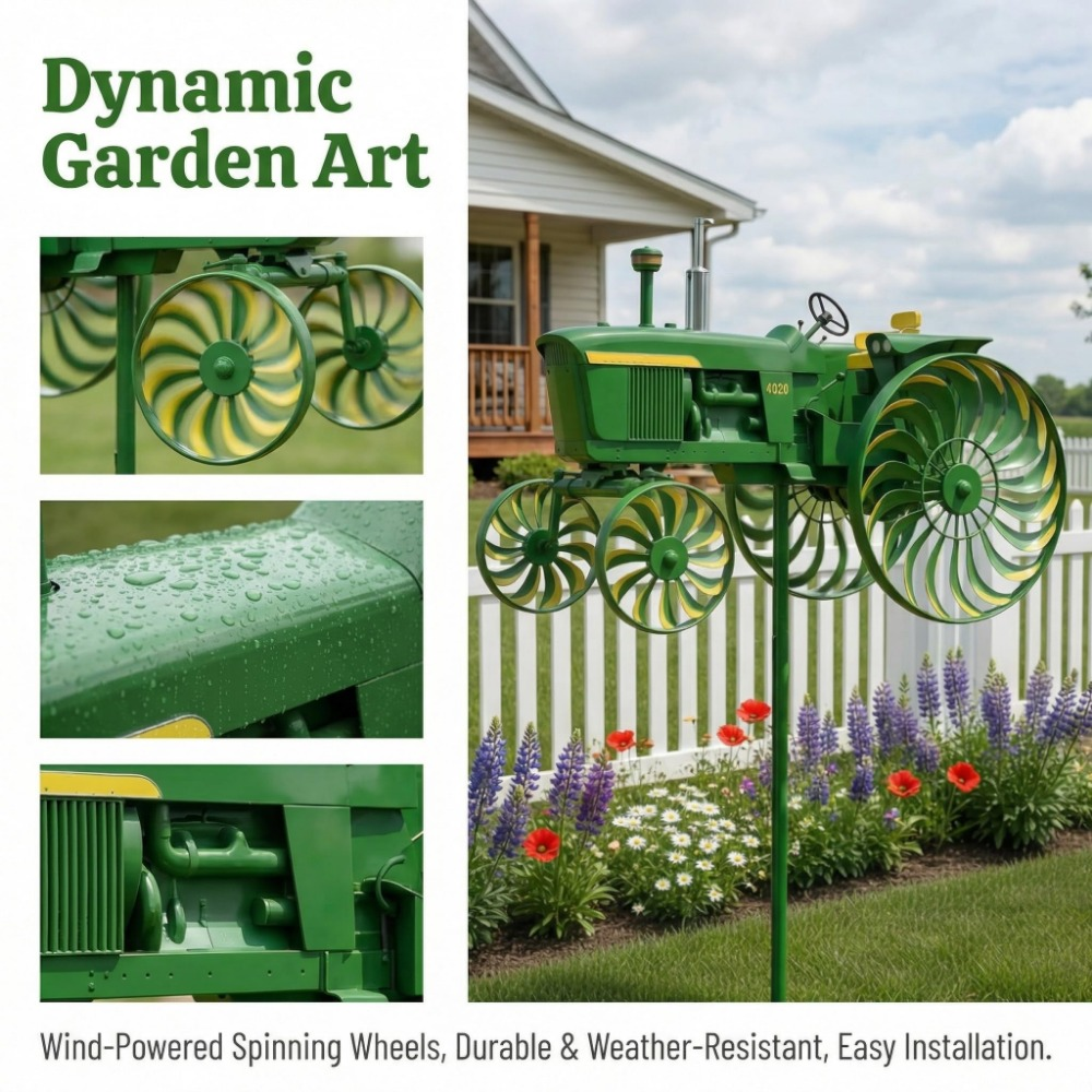 Garden Windmill Stake Tractor-Shaped | Rotating Wheels Pinwheel for Patio Yard Lawn Outdoor Sculpture Decor Gift