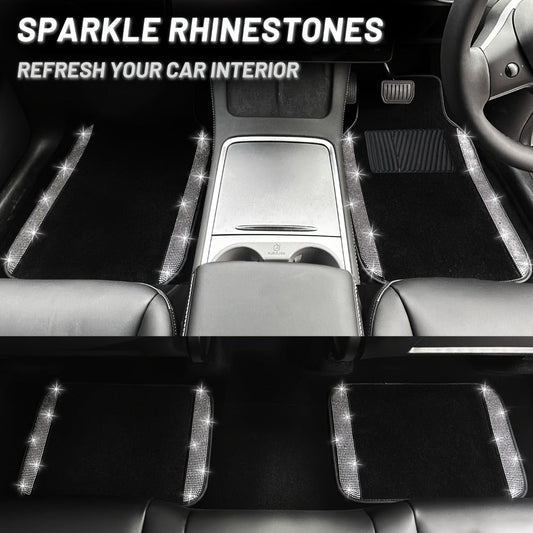 Rhinestone-Border Car Floor Mats, Four-Piece Black Carpet Set with Seven Accent Color Options