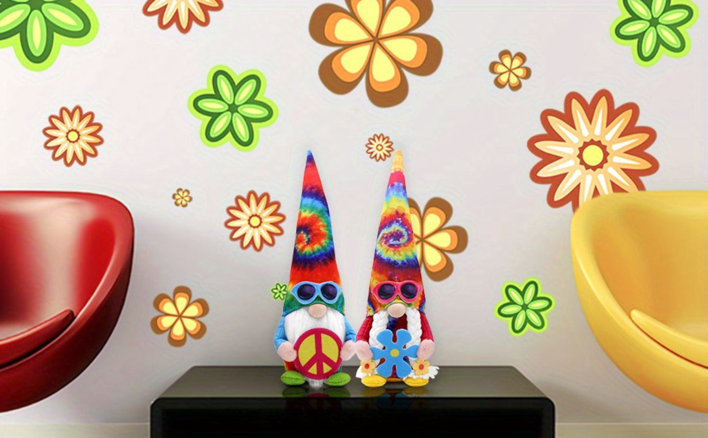 Hippie Gnomes Decorations 2 Pack – Groovy Tie Dye Tomte Figurines with Peace Sign & Fashion Glasses, 13.5" Swedish Gnome Shelf Sitters