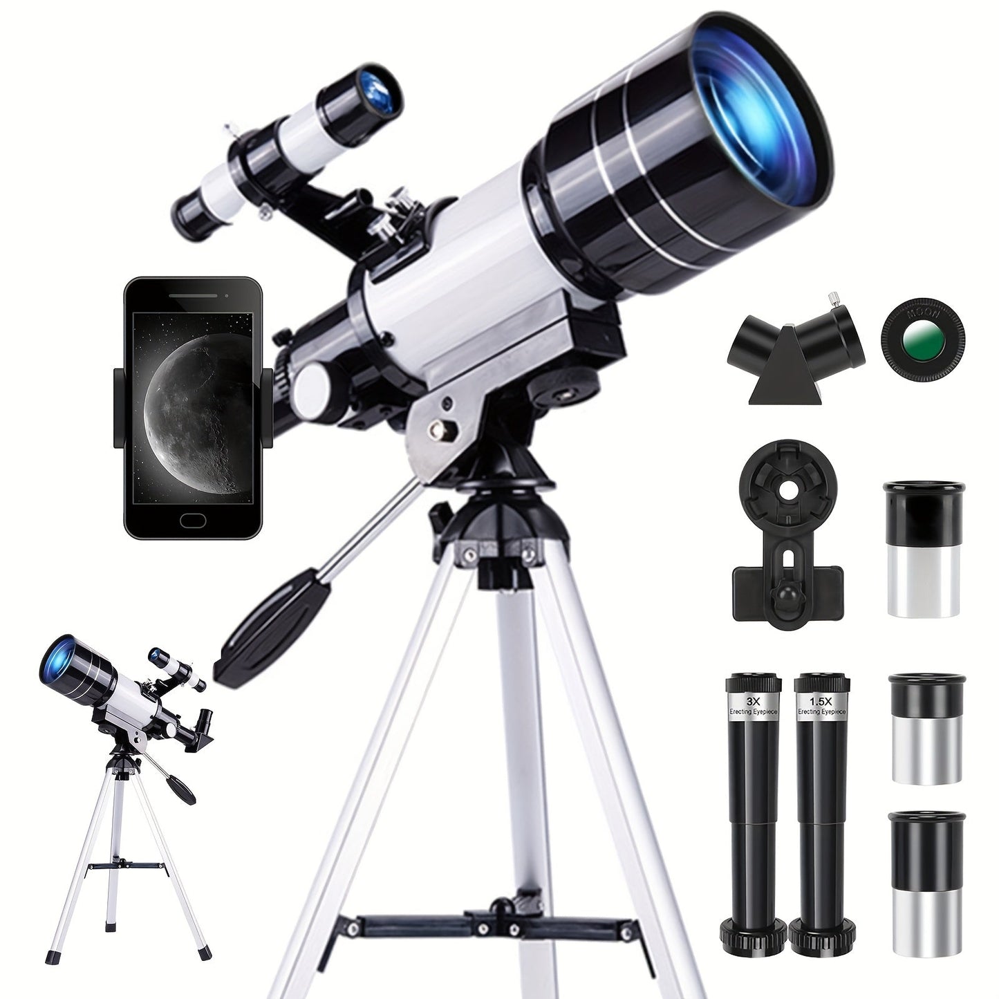 150X Telescope 70mm Aperture for Adults High Power Portable Monocular with Tripod Phone Holder Eyepiece Barlow Lens for Stargazing Nature