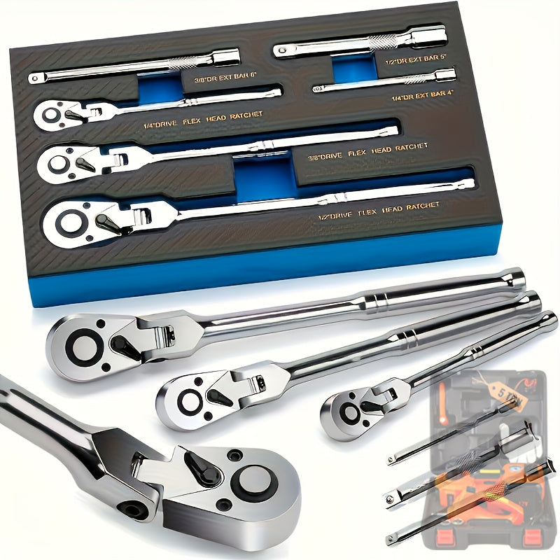 Three- or Six-Piece Flex-Head Ratchet Handle Set with 1/4, 3/8 and 1/2-Inch Drives and Extensions