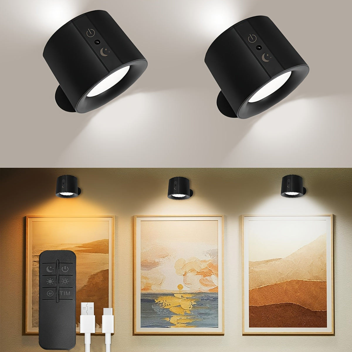 USB Rechargeable LED Wall Light 2 Pack, 360° Rotating Magnetic Ball Touch Control Reading Lamp with 3 Color Temps