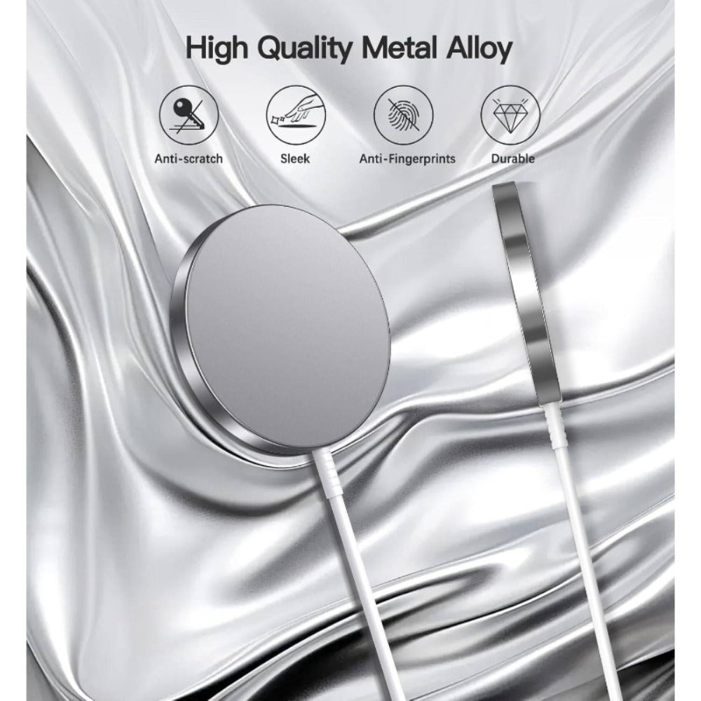 Two-Piece Silver-Tone Magnetic Wireless Charging Pad Set with Round Faces and Pictured USB Cables
