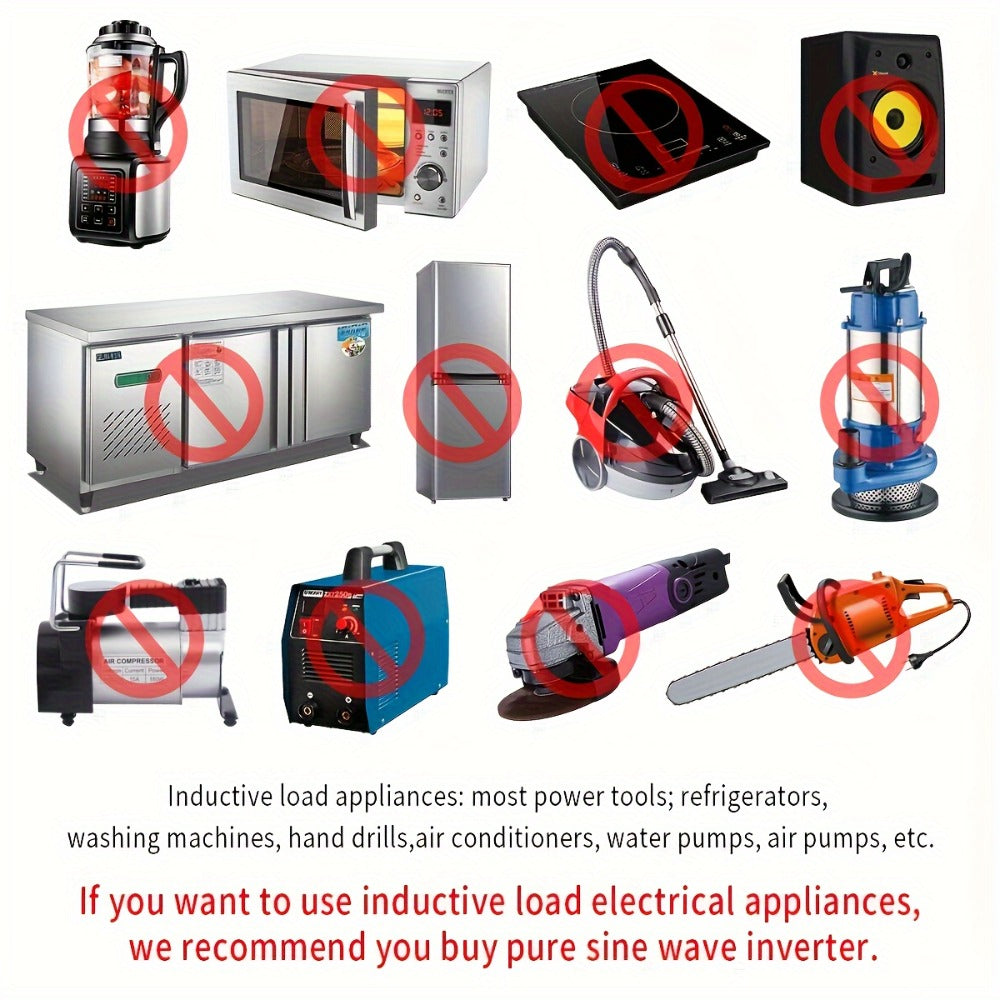 Red 2000W-Labeled Car Power Inverter with 12V Battery Clamp Leads, 110V AC Outlets and Cooling Fan