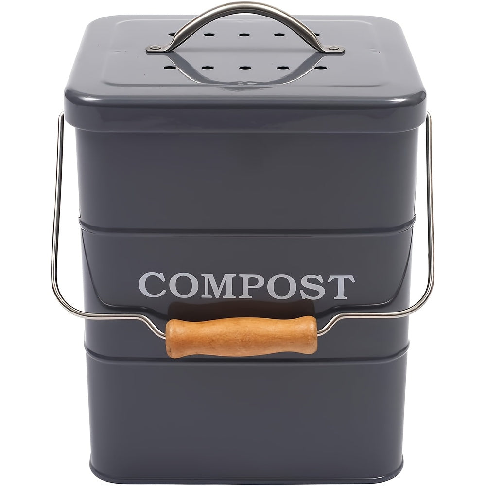 Kitchen Compost Bin 1 Gallon with Charcoal Filter & Wooden Handle, Odor-Free Indoor Countertop Food Waste Bin