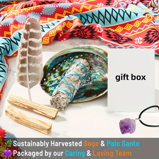 Sage Smudge Kit with Abalone Shell, White Sage Bundle, Holy Wood Palo Santo, Amethyst Crystal Necklace