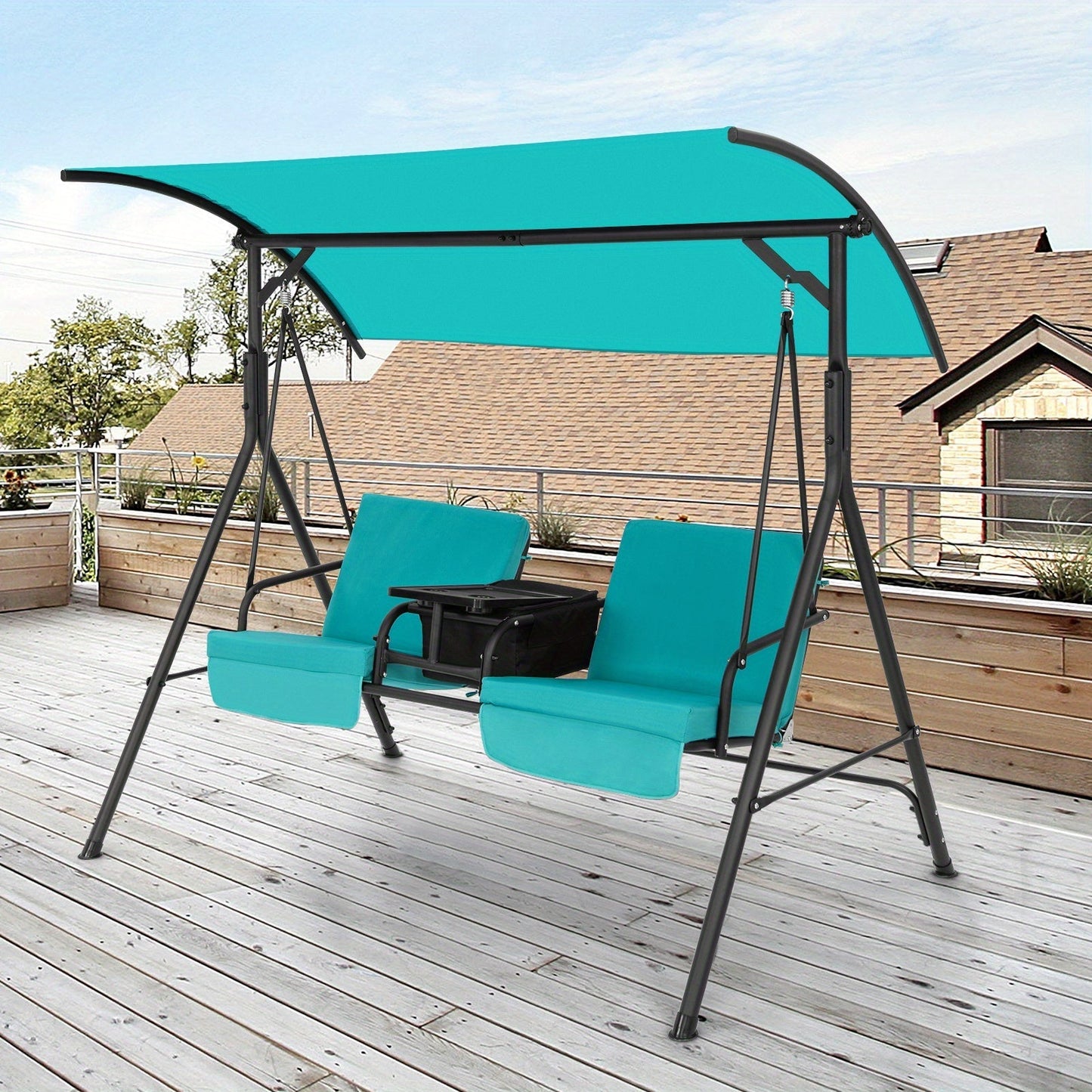 Patio Canopy Swing 2-Person with Cooler Bag Rotatable Tray Cushions 529lbs Backyard
