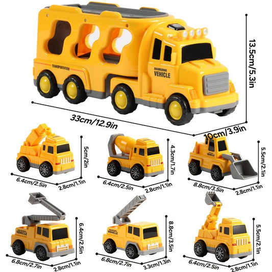 7-in-1 Kids Car Toy Set 7pcs with Playmat, Large Vehicle + 6 Mini Cars Ambulance Police Fire Truck Engineering