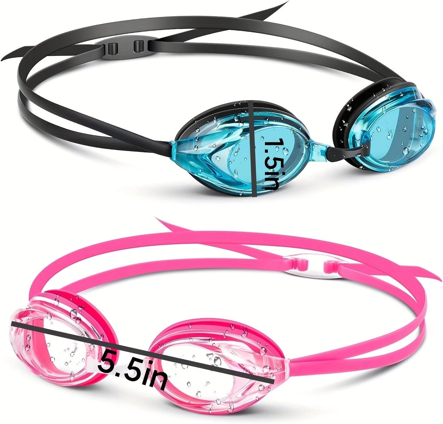 Blue and Pink Swimming Goggles with Rounded Lens Frames, Dual Split Head Straps and One Indoor Style Option