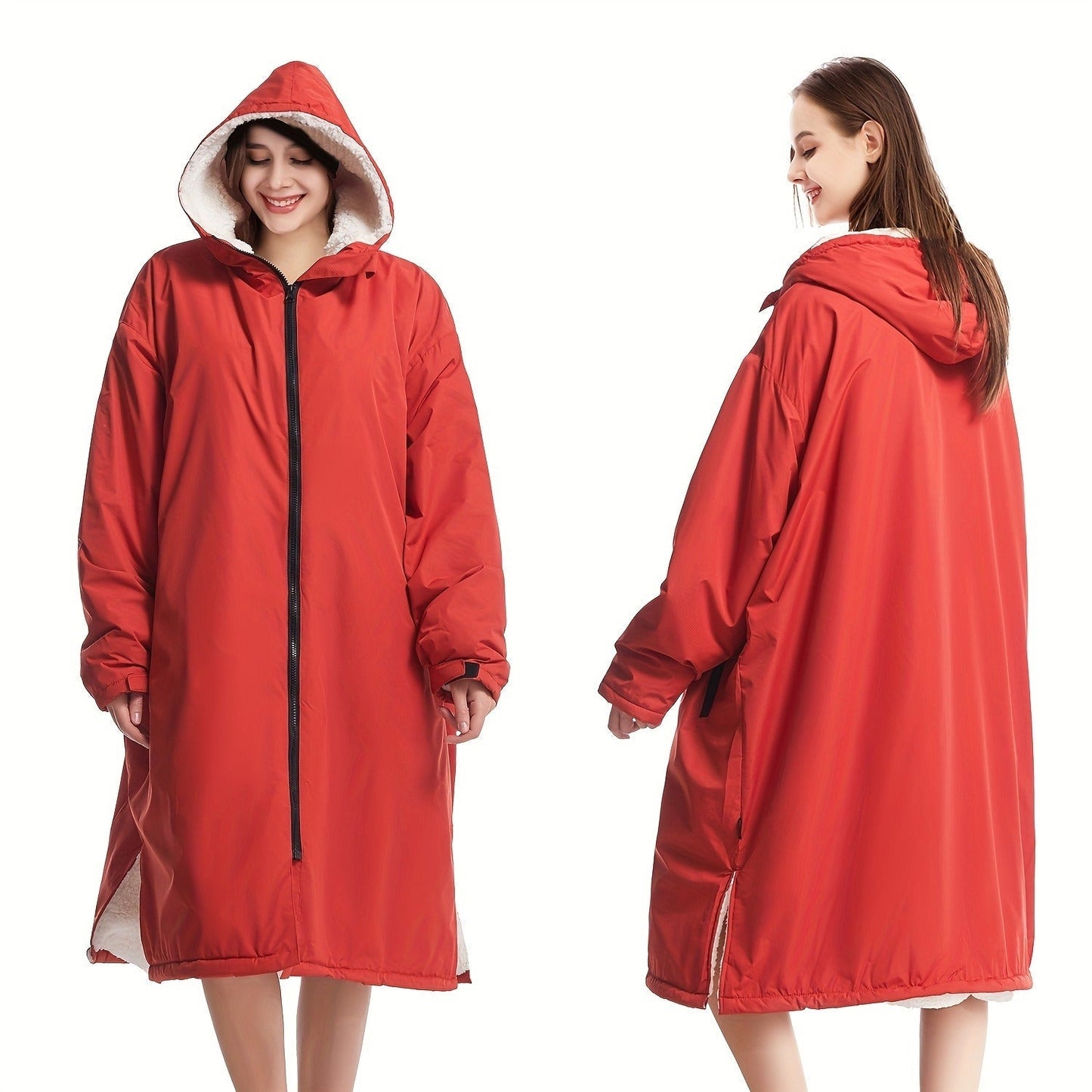 Changing Robe Fleece Lined Hooded – Long Sleeve Windproof Warm Surf Poncho for Swimming, Surfing, Diving, Camping & Hiking – 43.3x31.5in