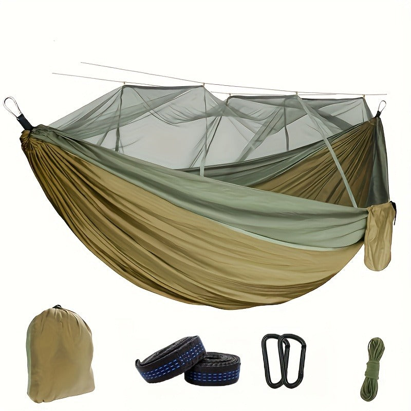 Camping Hammock with Mosquito Net and Sun-Shade Cover in Camouflage or Military Green, 265 lb Capacity