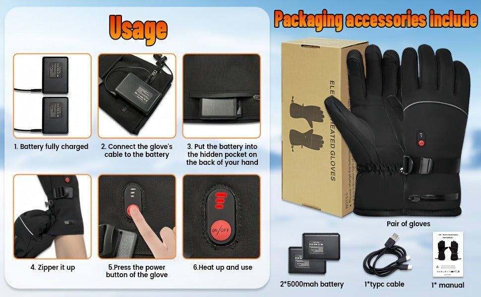 Rechargeable Full-Finger Heated Gloves with 2 × 5000mAh Battery Packs, Three Heat Levels and Touchscreen Fingertips