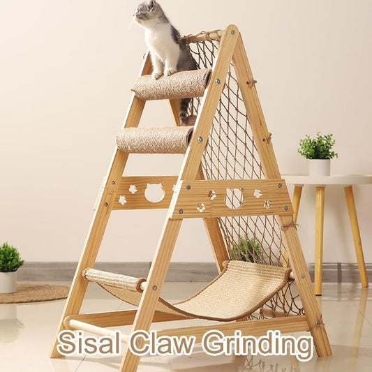 Cat Tree Triangle Cat Tower with Sisal Scratching Posts, Soft Hammock Bed & Hanging Feather Toys – Bamboo Stable Cat Climbing Tower