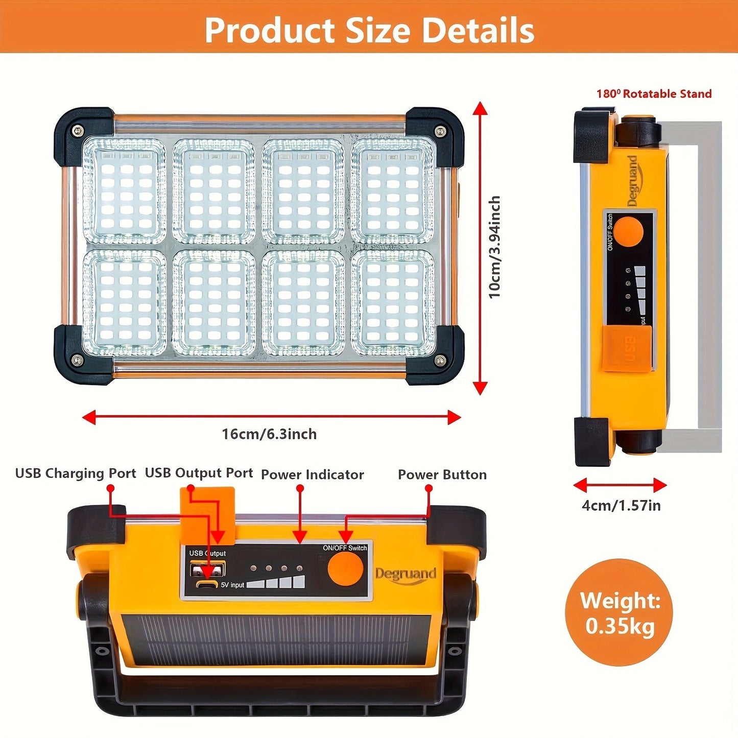 Solar Rechargeable LED Floodlight Flashlight, IP44 Waterproof 4500 Lumens Ultra-Bright Portable Camp Light