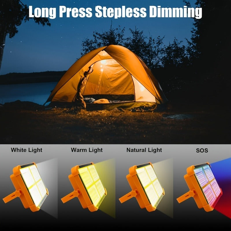 Solar LED Work Light with Magnetic Hook – 2000 Lumen Rechargeable Camping Light, Adjustable Brightness, Solar & USB-C Dual Charging