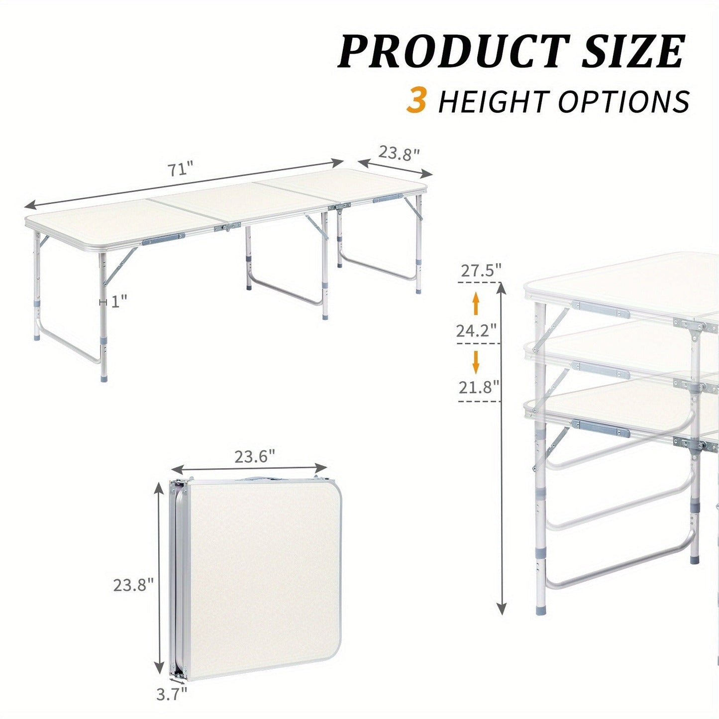 Folding Table 3ft and 4ft Aluminum Alloy Picnic Design with Two Height Positions and Fold-Flat Carry Case