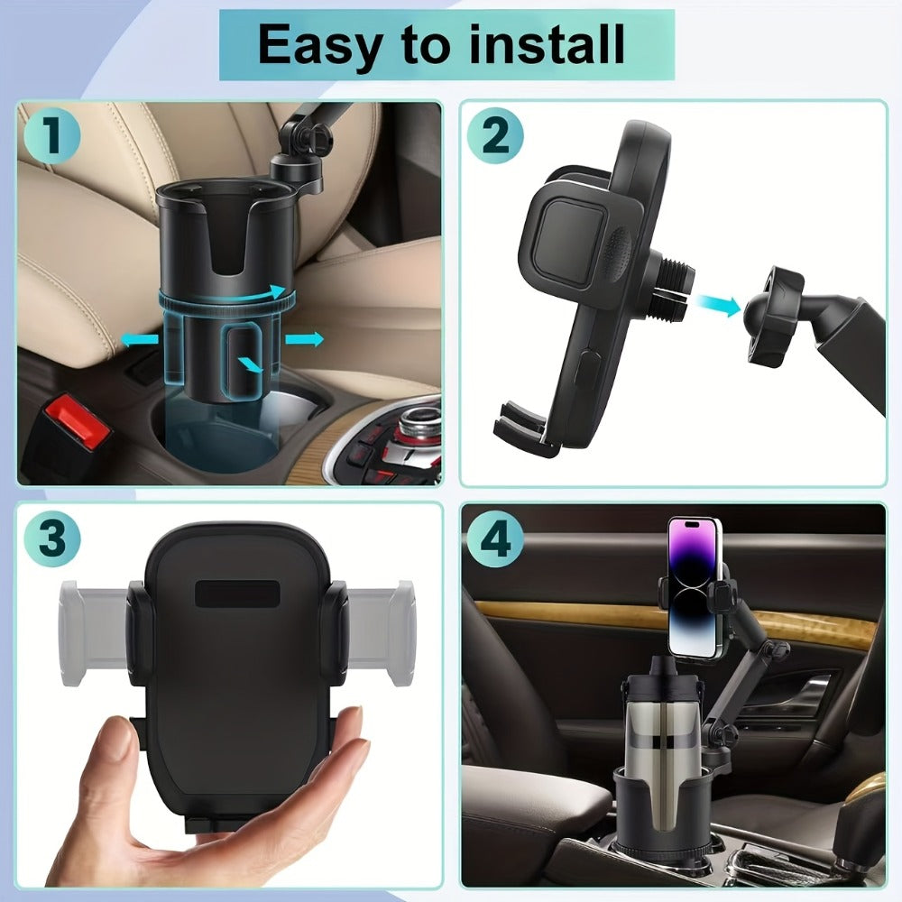 Cup-Holder Car Phone Mount with Bottle Recess, Double-Jointed Long Arm and Rotating Clamp Pictured