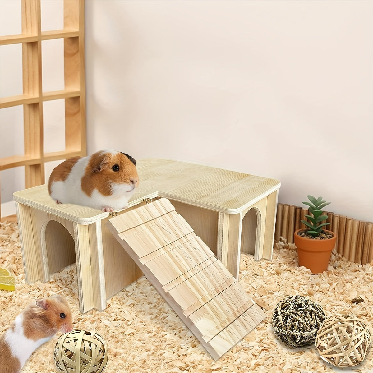 Guinea Pig Hideout House – Wooden Castle with Multiple Chambers & Ladder, Small Animal Habitat Accessory for Hamster, Chinchilla