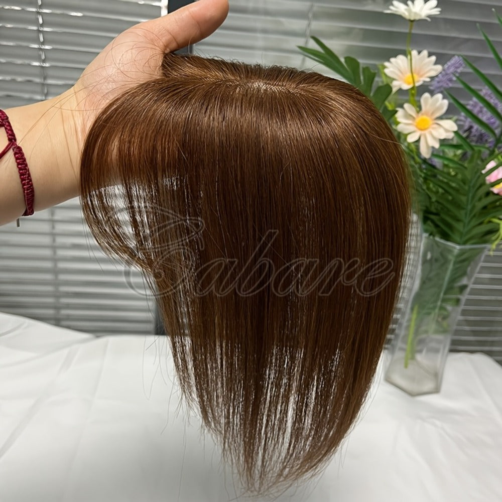 Hair Topper with Bangs Human Hair 5x9 Base Straight Clip In Crown Coverage Volume Booster, for Home, Travel and Salon Hair Styling