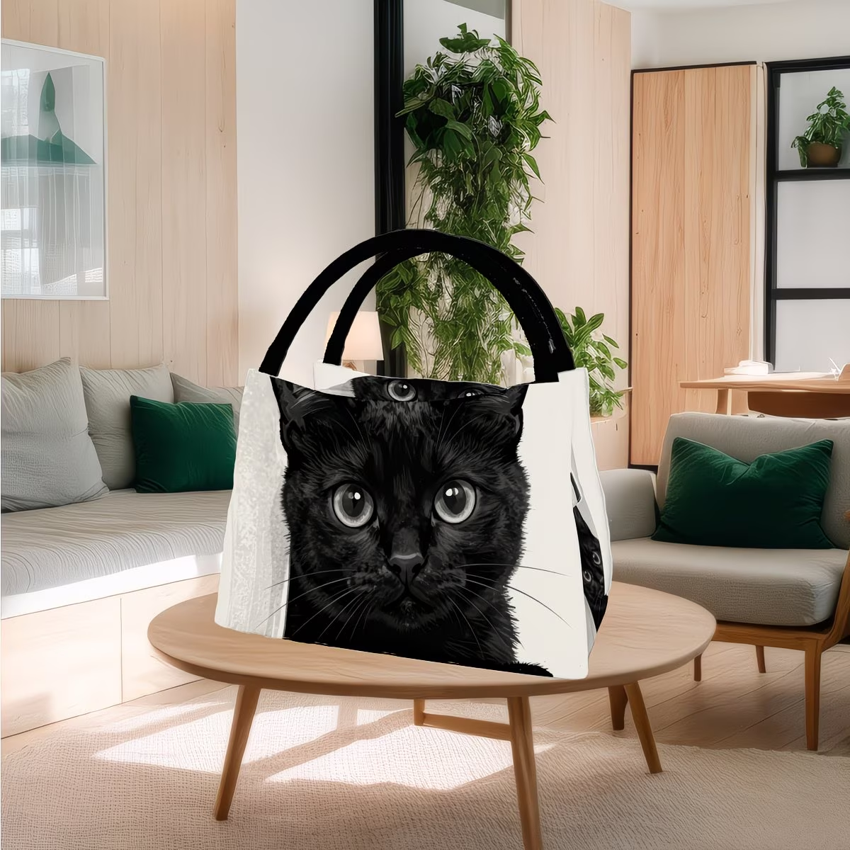 Black Cat Pattern Insulated Cooler Bag – Reusable Thermal Lunch Tote 11x6.3x6.7", Polyester, Keeps Food Hot & Cold, Portable for Picnic
