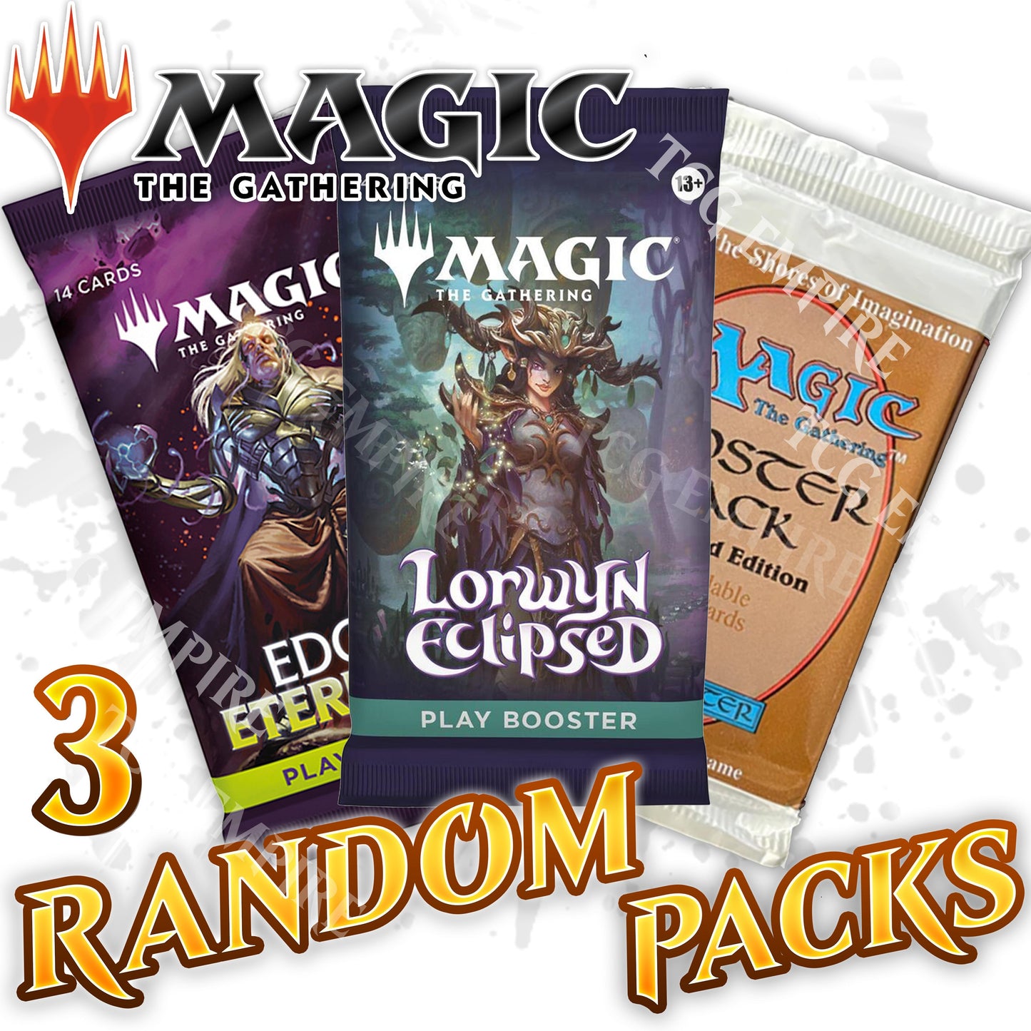 Card Game Three-Pack Random Booster Bundle with Mixed Set Selection and Wrapper Art with Item-Specific Card Count, Pack and Storage Choices