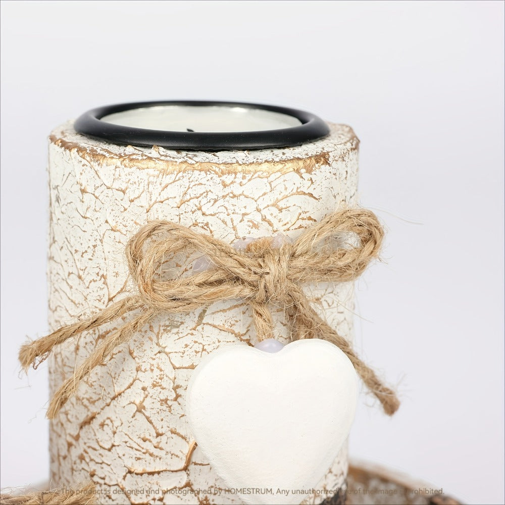 Wooden Candle Holder Set of 4, Love Heart Tray, Tea Light Holder, Knot Bow Decoration & Decorative Stone Bowl for Home Decor