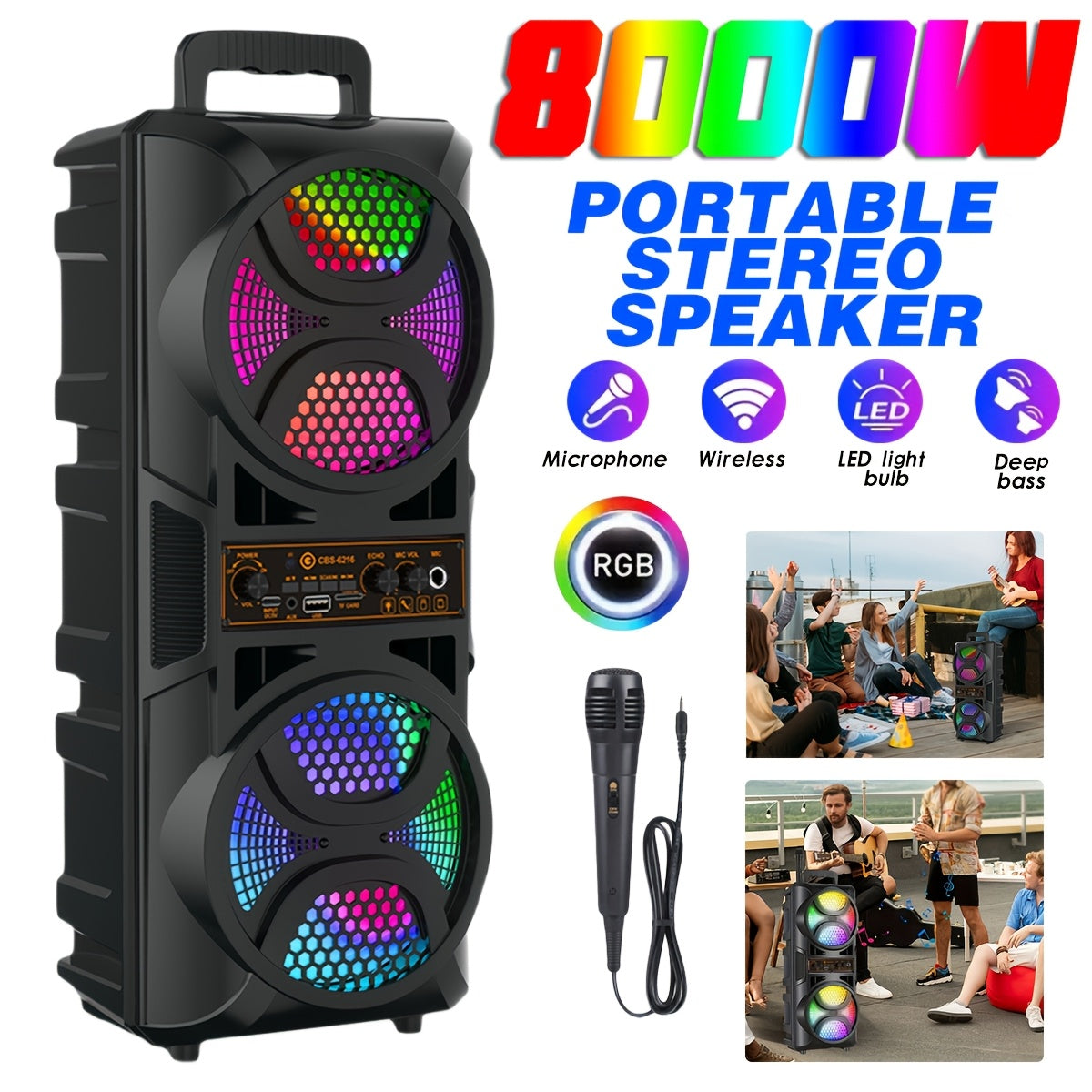 8000W Portable Karaoke Speaker with Subwoofer & Microphone, High-Power Wireless Bluetooth Audio System