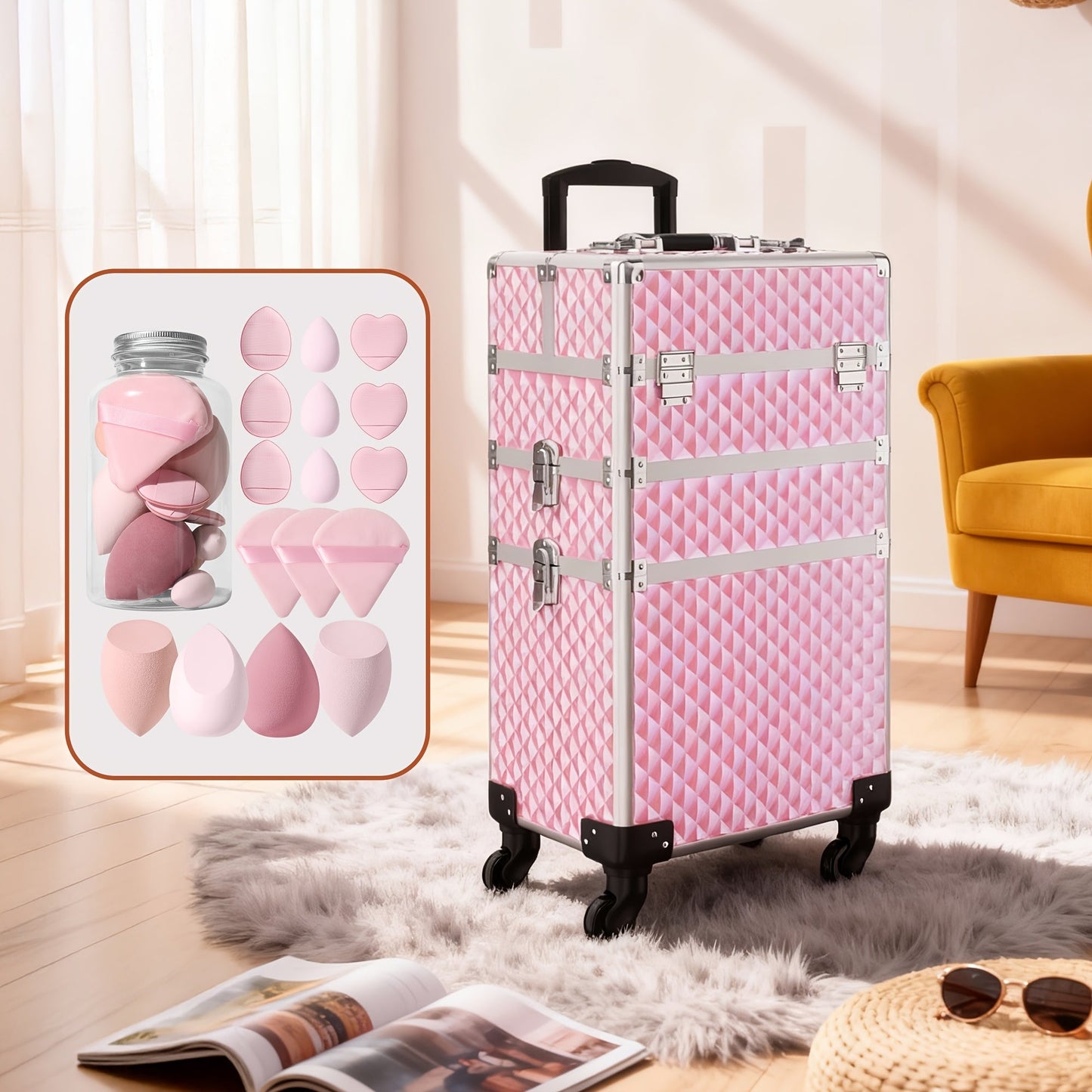 Three-Section Rolling Makeup Train Case with Telescoping Handle in Black or Pink and Sponge Set