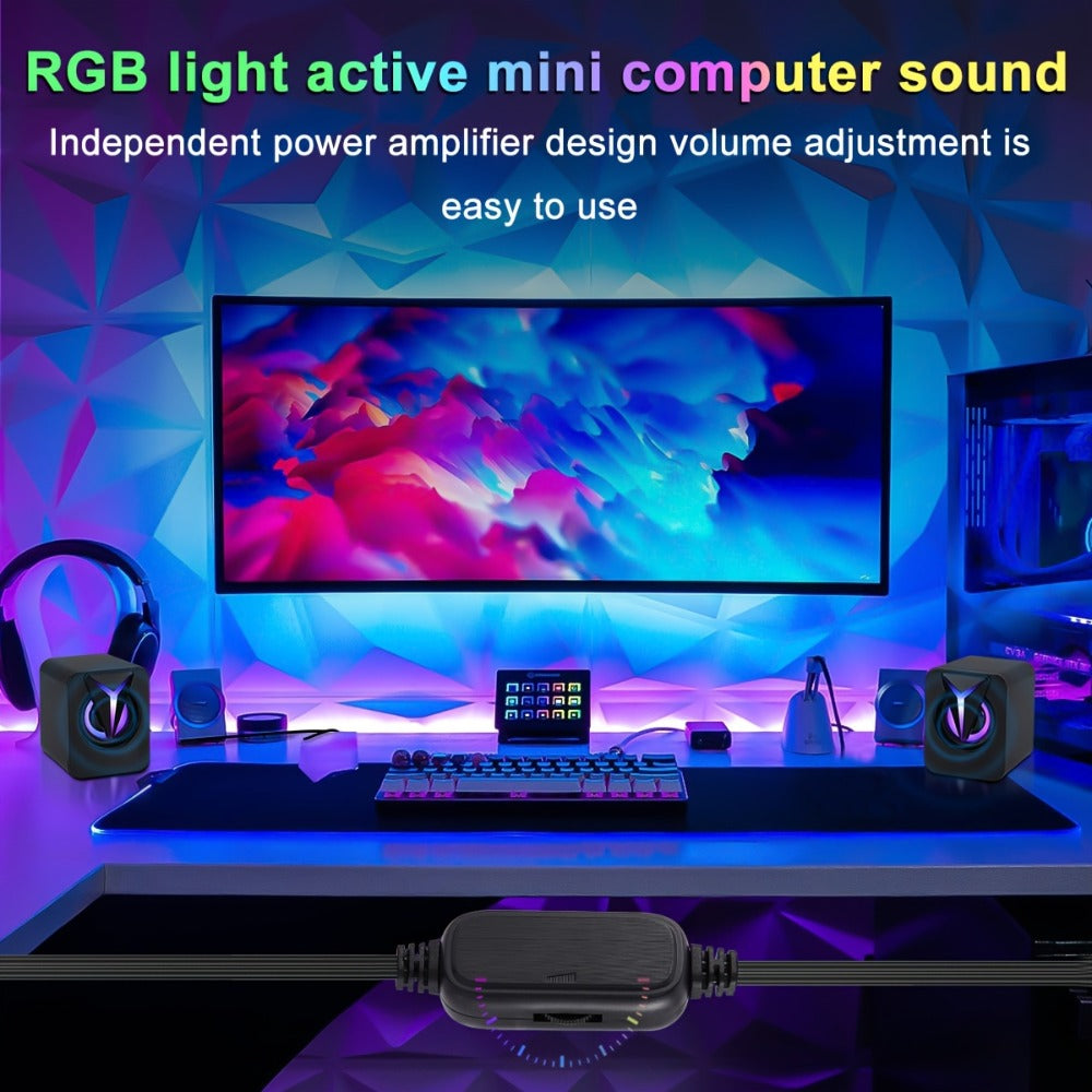 USB Powered Computer Speakers 2.0 Mini Stereo Desk Audio System with RGB Lights, Volume Control, 3.5mm AUX Input