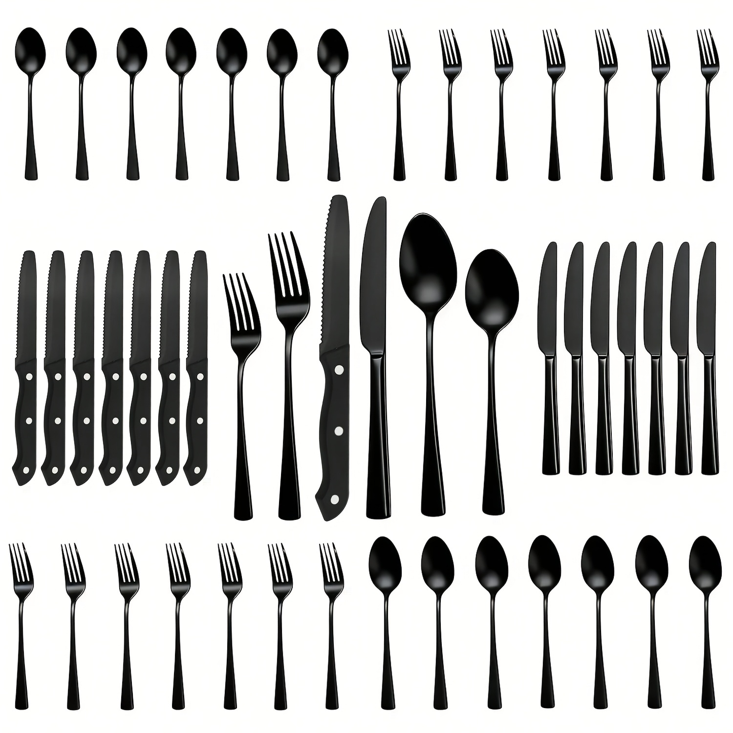 24- or 48-Piece Flatware Set with Silver, Gold or Black Finish Options and Black-Handle Steak Knives
