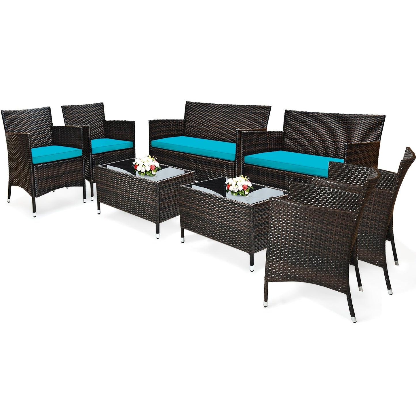 Outdoor Patio Furniture Set shown in the 8PCS Mix Brown+Turquoise option