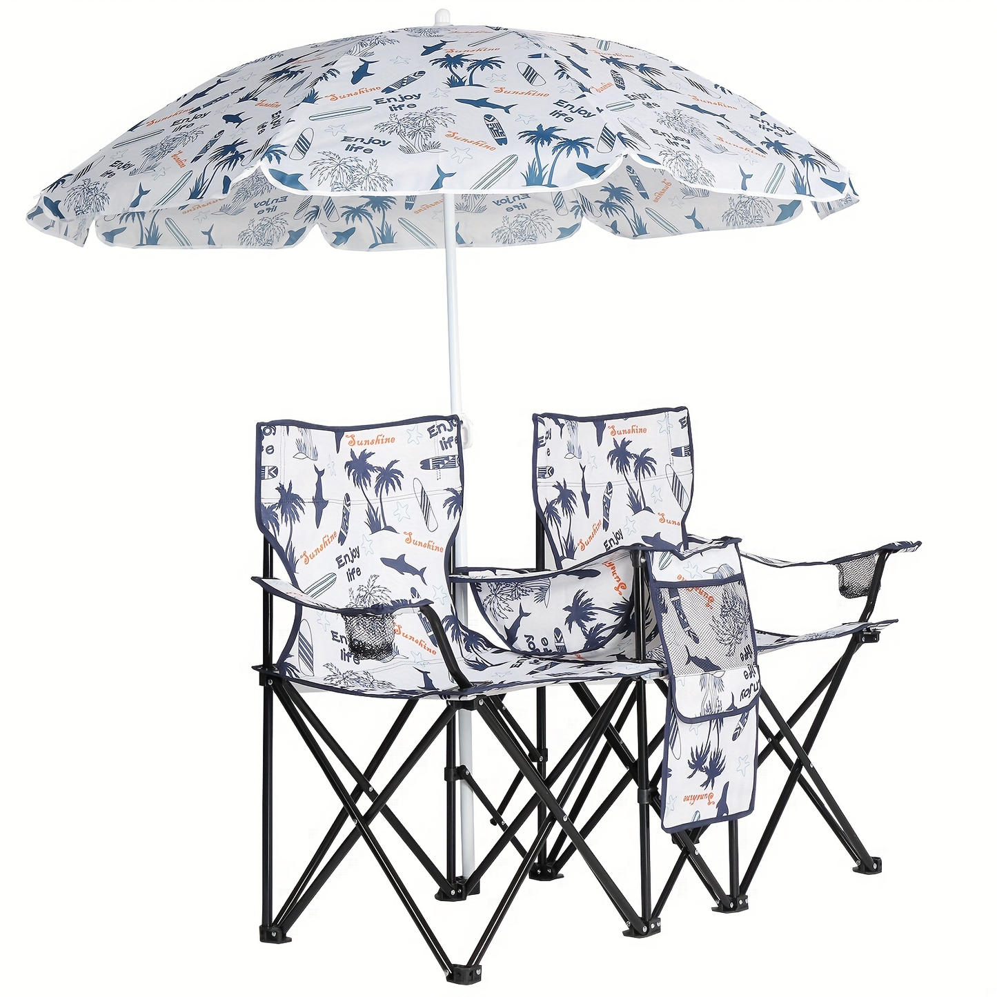 Portable Folding Chair with Removable Sun Umbrella – 2-Seat Outdoor Foldable Chair, Steel Frame Oxford Fabric