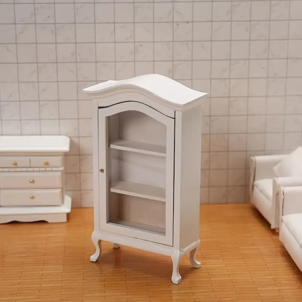 White Miniature Dollhouse Display Cabinet with Mirrored Back, Three Clear Shelves and 16 cm Height