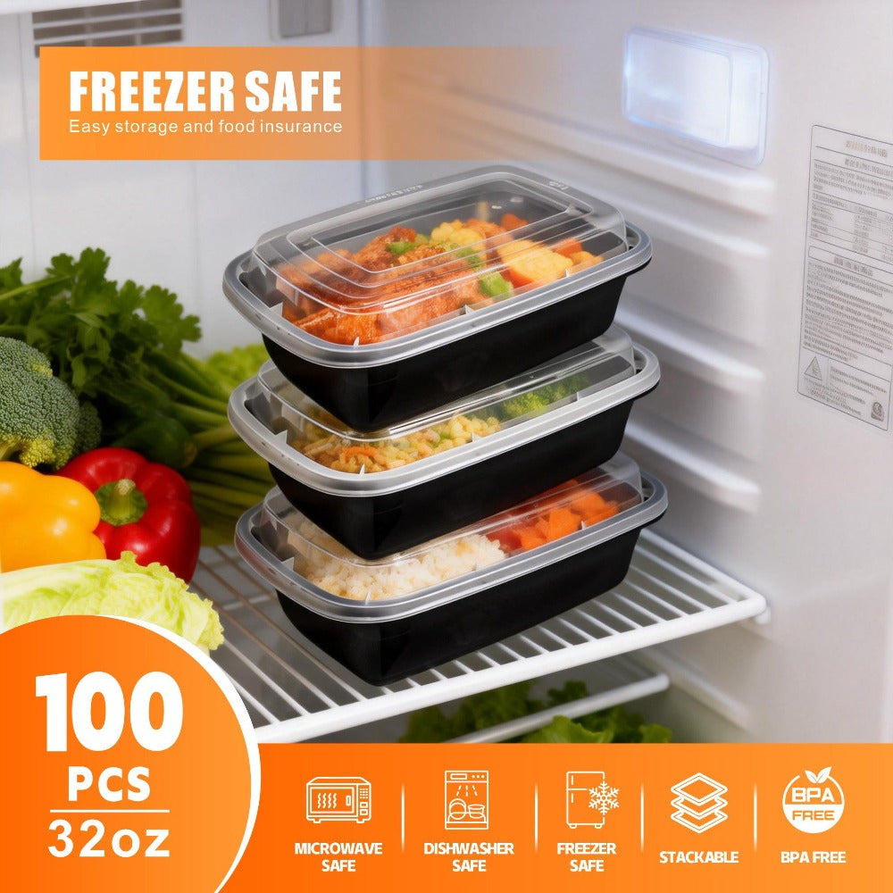 Storage Containers with Lids, 100-Piece Black Meal Prep Set with 50 Boxes, 50 Lids and 32 oz Capacity