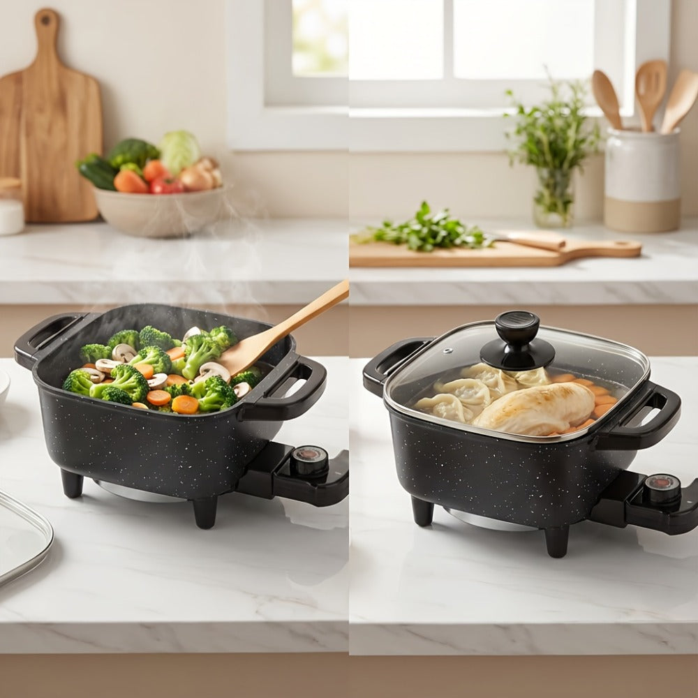 Electric Mini Square Hot Pot 8-Inch Non-Stick Speckled Coating Glass Lid Cool-Touch Handle for Home Cooking, Dining and Outdoor Meals