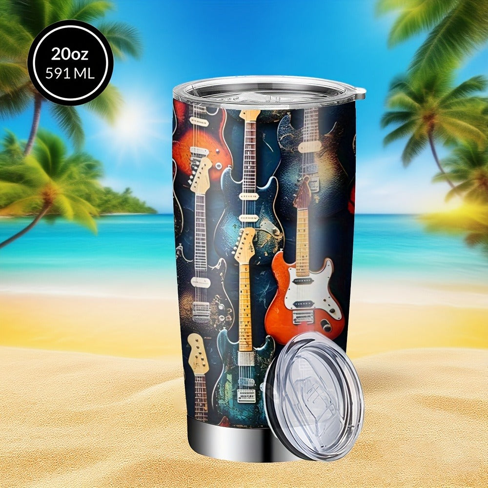 Insulated Tumbler 20oz Guitar Pattern Stainless Steel Travel Mug with Lid and Straw Double for Entryways, Bedrooms and Living Spaces