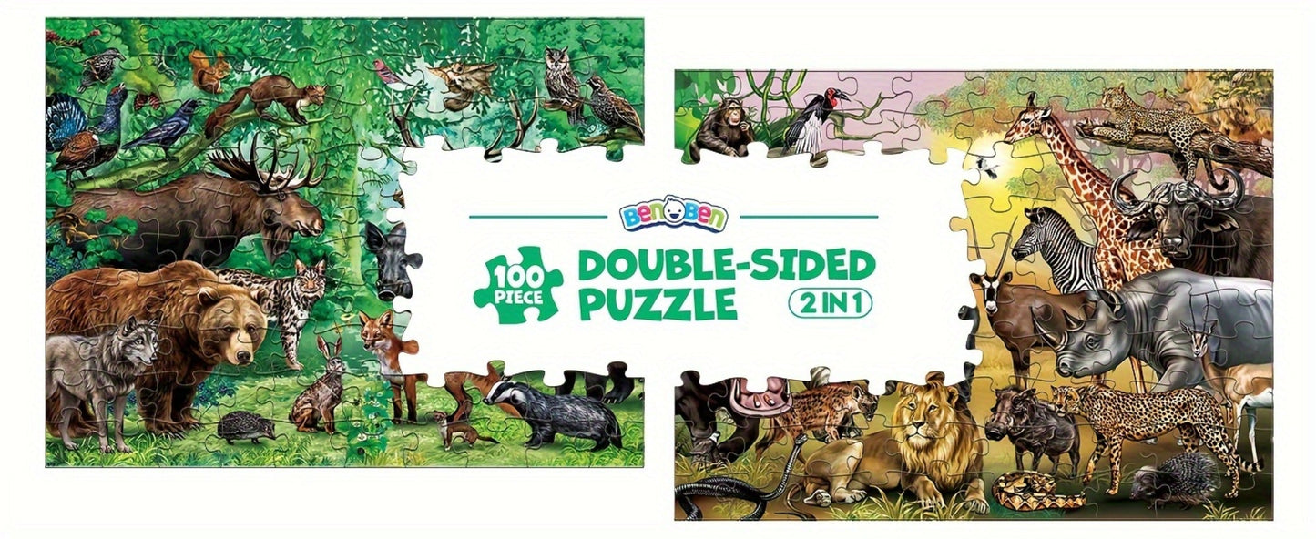 Double Sided Puzzle for Kids 100 Pieces Jungle Animals, 2-in-1 Jigsaw Educational Toy for Boys & Girls Ages 3 4 5 6 7 8