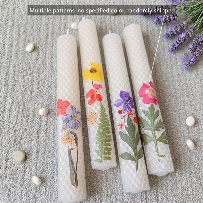 Floral Cone Candle Holders Set of 4, 10-Inch Decorative Beeswax Taper Candles for Holiday Parties