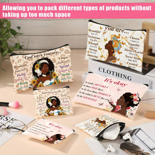 Makeup Bag 12-Piece Polyester African Queen Zipper Pouch Set for Travel, Vanity and Everyday Beauty Storage