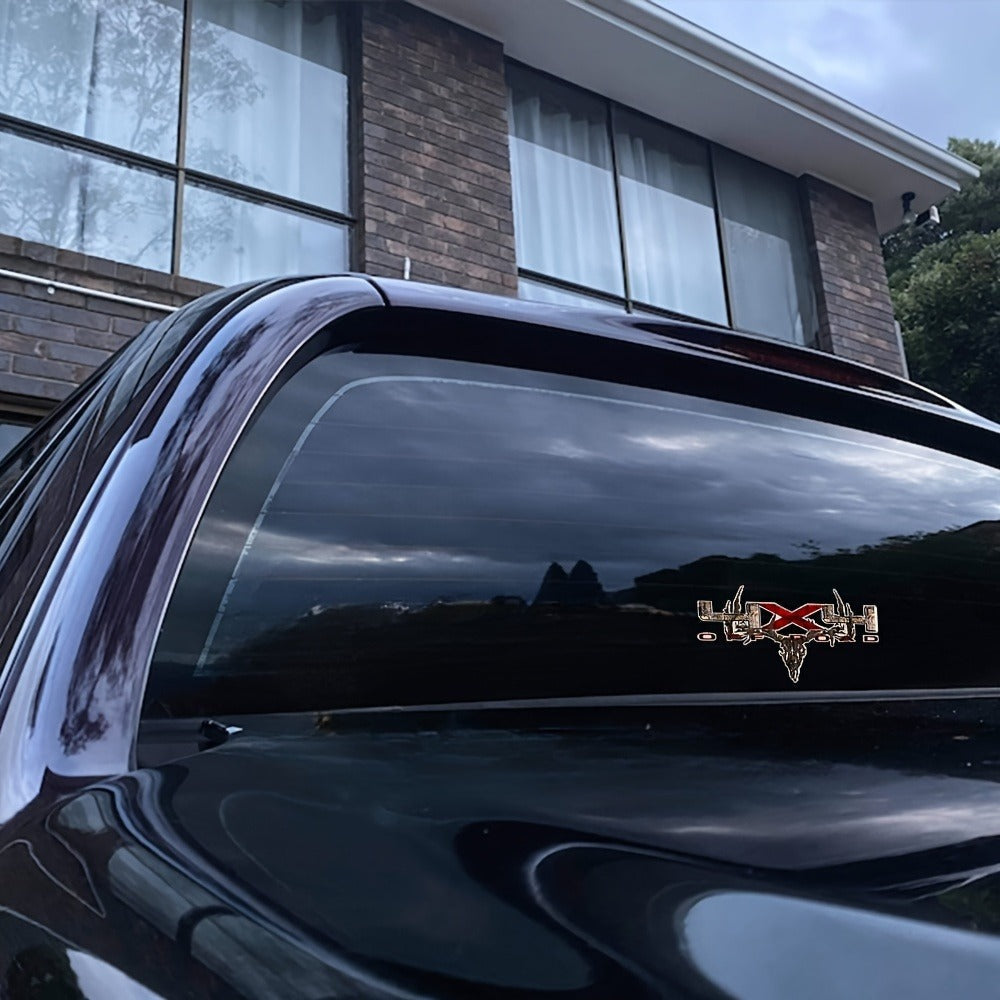 Two-Piece Hunting Skull Truck Decal Set with Antlers, Crossed Arrows and Red Center Accent