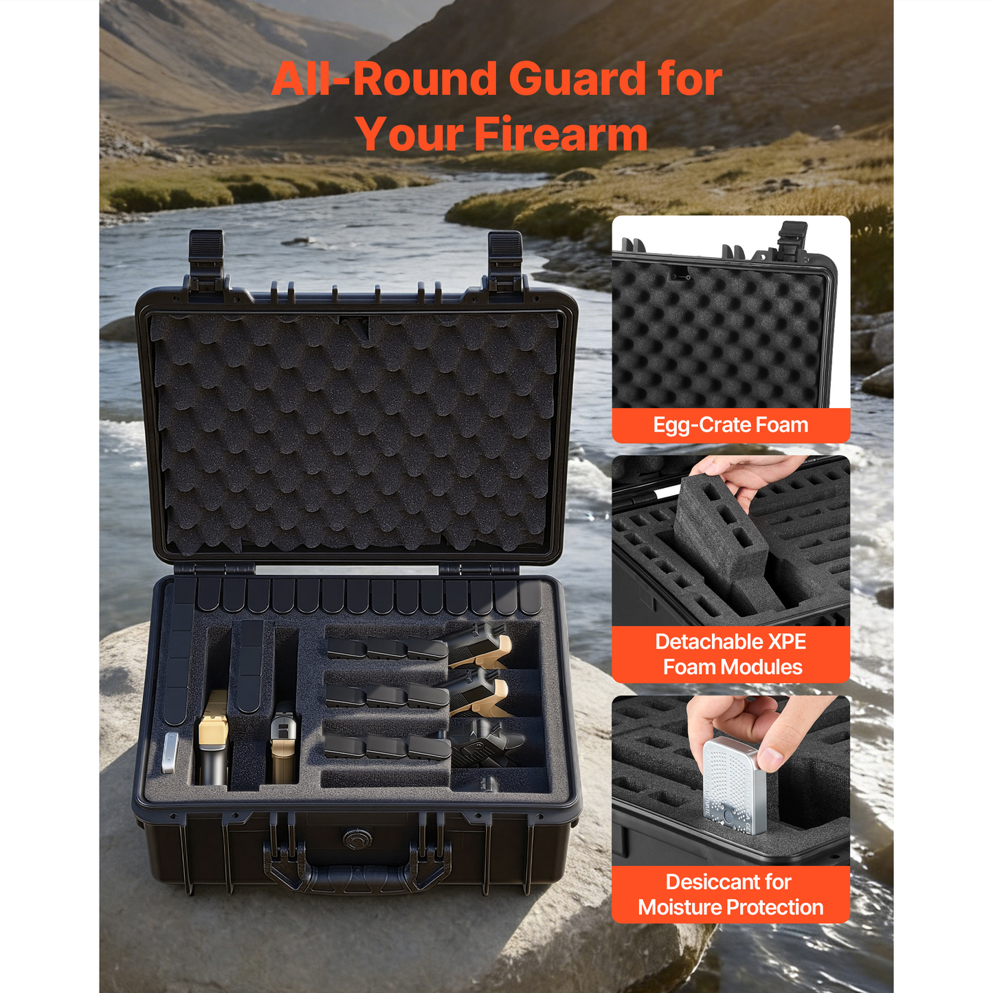 Hard Gun Case with Modular XPE Foam Interior – Heavy Duty Pistol Storage Box with Metal Hinges, 4 Lock Holes & Pressure Valve
