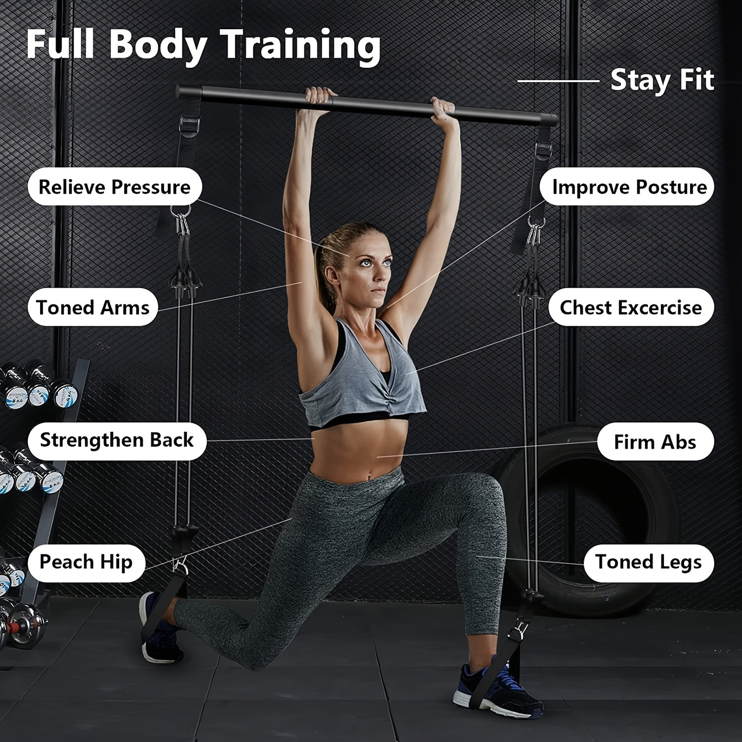3-Section Pilates Bar Kit – 4 TPE Resistance Bands (40-50 lbs), 2 Ankle Straps & Storage Bag for Legs, Hips