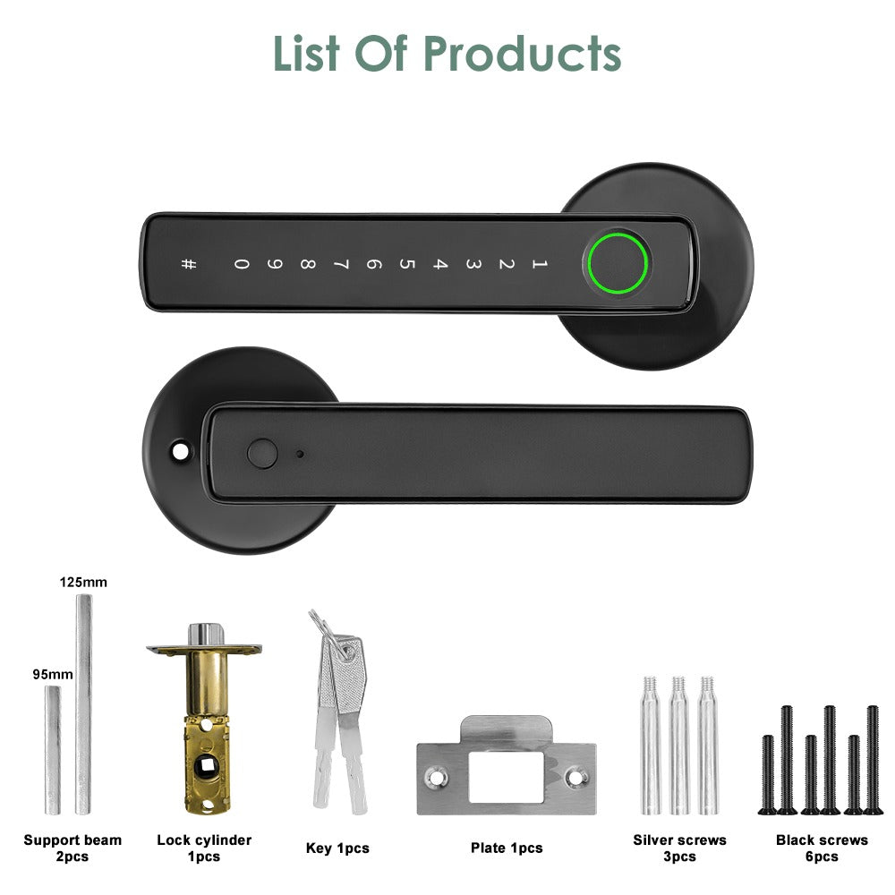Aluminum Alloy Smart Door Handle Lock 4-in-1 with Fingerprint, Password, App & Key, Left & Right Hand Compatible