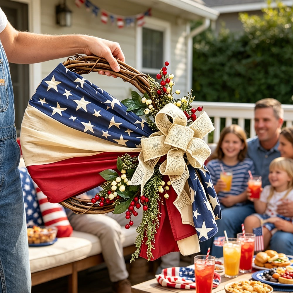 Patriotic 4th of July Door Wreath – Red White & Blue American Flag Wreath with Burlap Bow for Independence Day