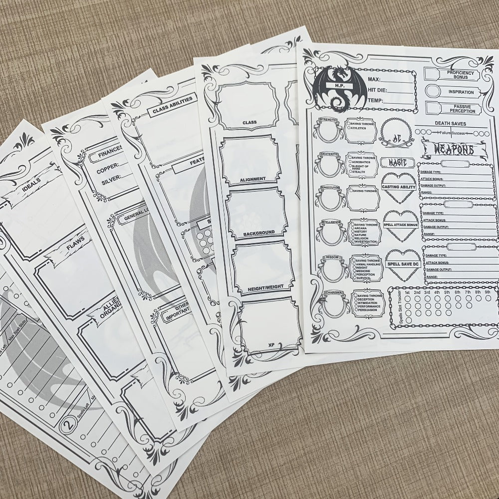 DnD 5e Character Sheet Set with Spell Tracker, A5 Player Journal for Dungeons & Dragons Campaigns